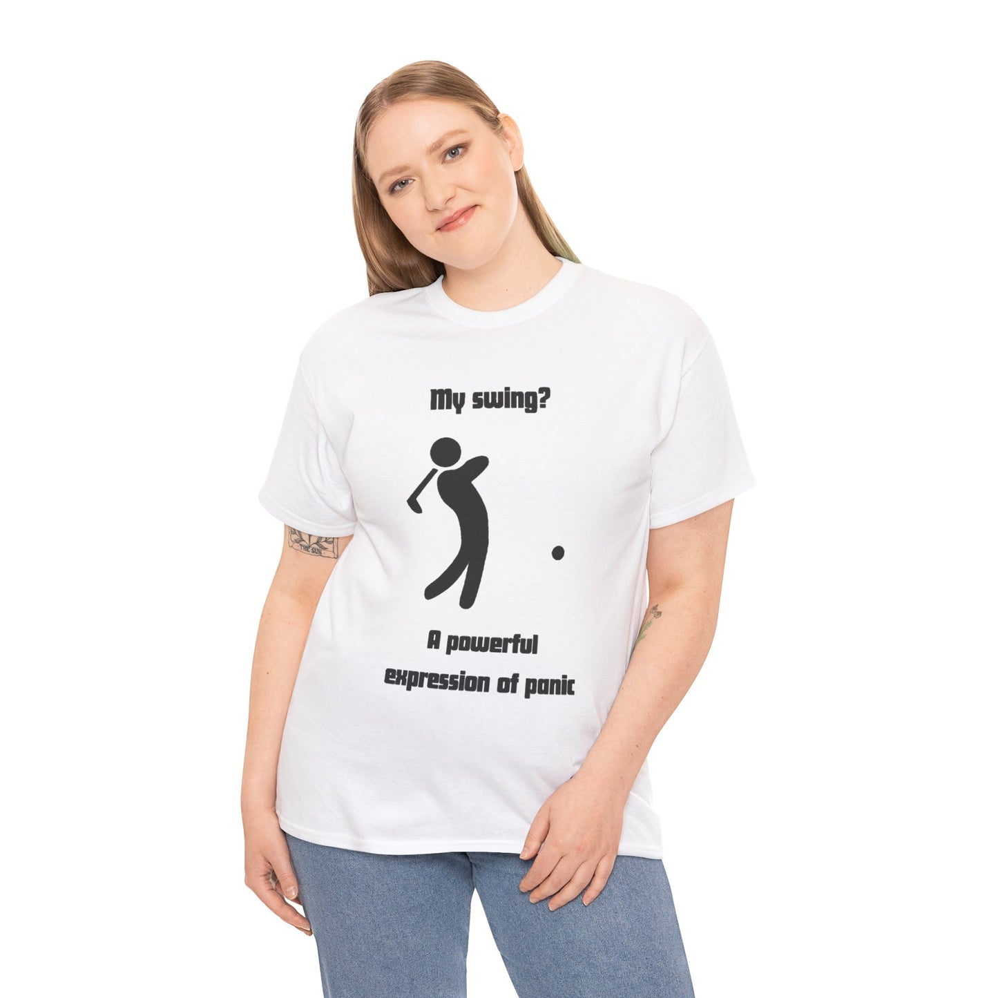 Golf T‑Shirt — “My swing? A powerful suppression of panic” Humorous Golf Graphic Tee