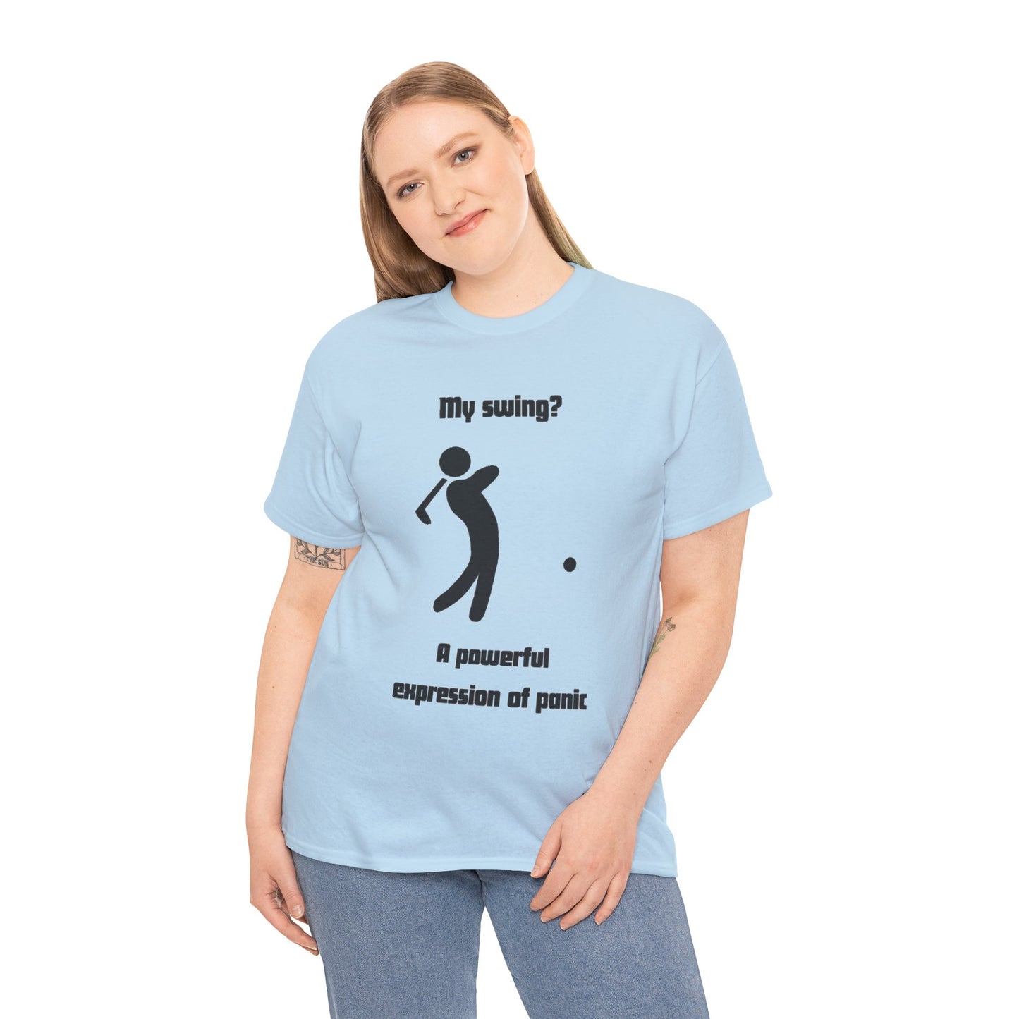Golf T‑Shirt — “My swing? A powerful suppression of panic” Humorous Golf Graphic Tee