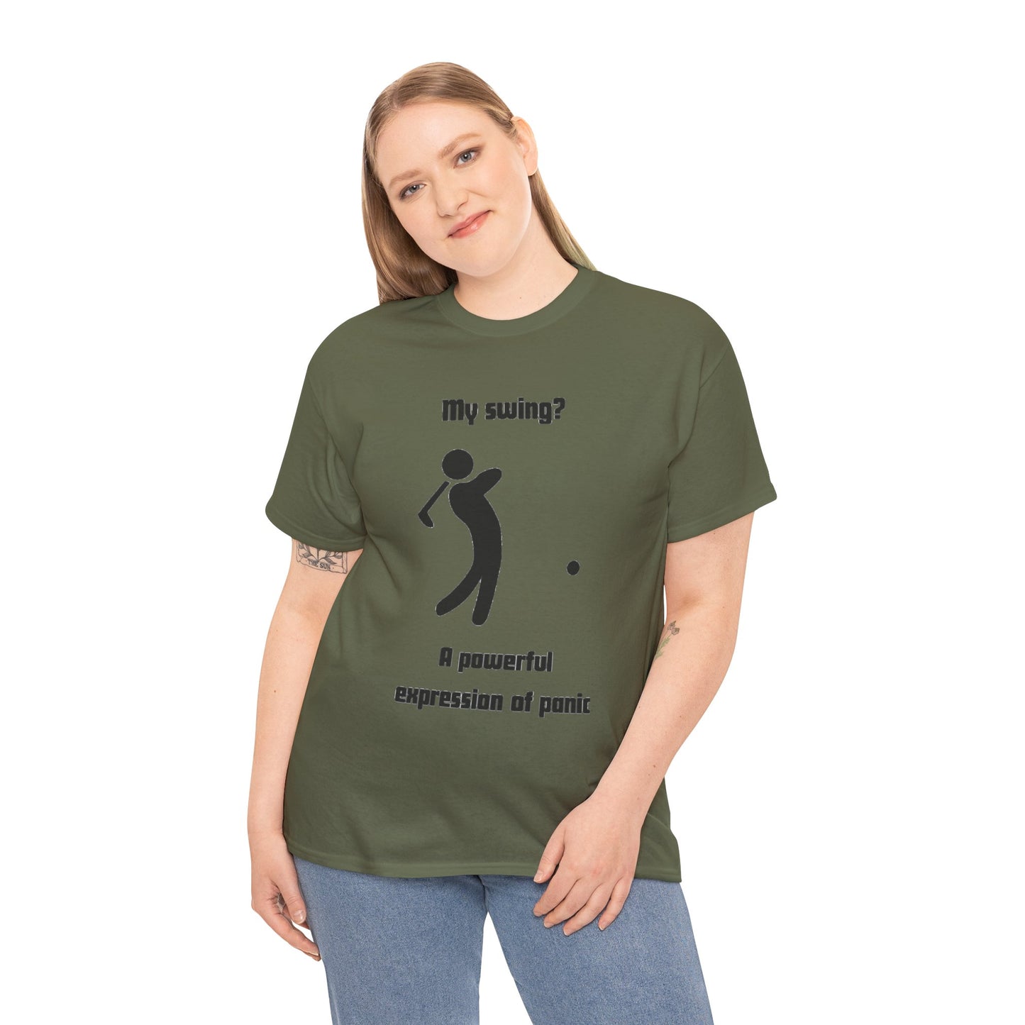 Golf T‑Shirt — “My swing? A powerful suppression of panic” Humorous Golf Graphic Tee