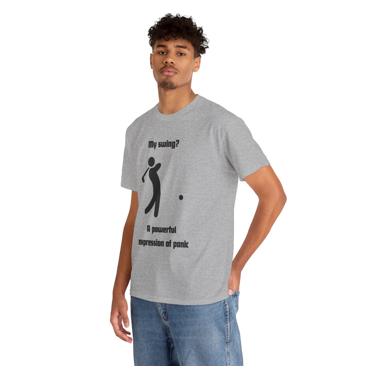 Golf T‑Shirt — “My swing? A powerful suppression of panic” Humorous Golf Graphic Tee