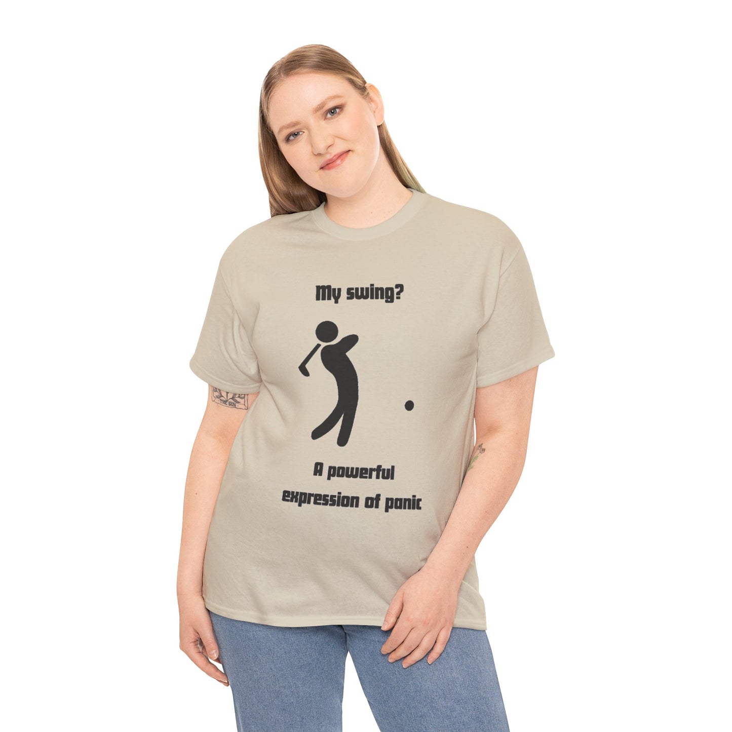 Golf T‑Shirt — “My swing? A powerful suppression of panic” Humorous Golf Graphic Tee