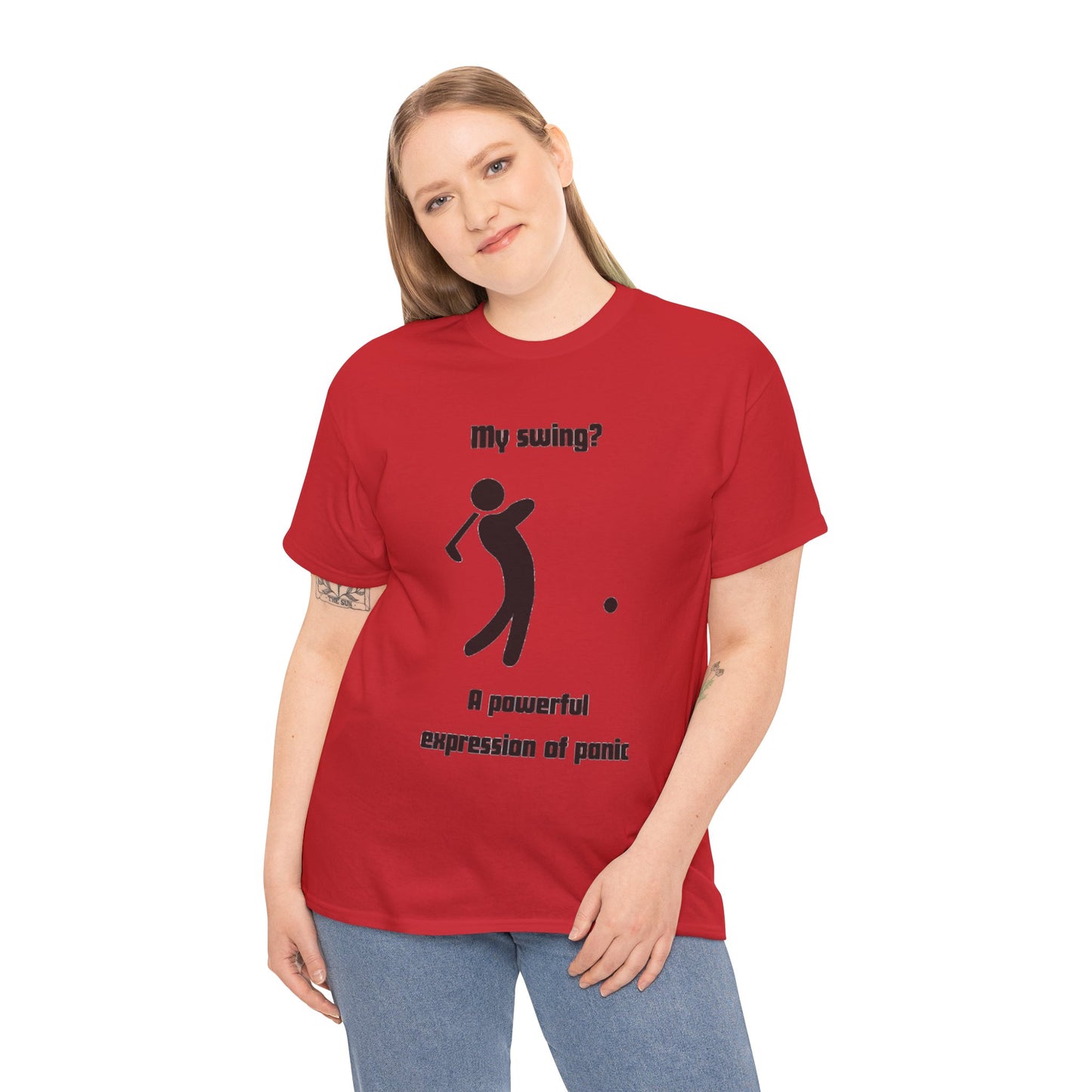 Golf T‑Shirt — “My swing? A powerful suppression of panic” Humorous Golf Graphic Tee